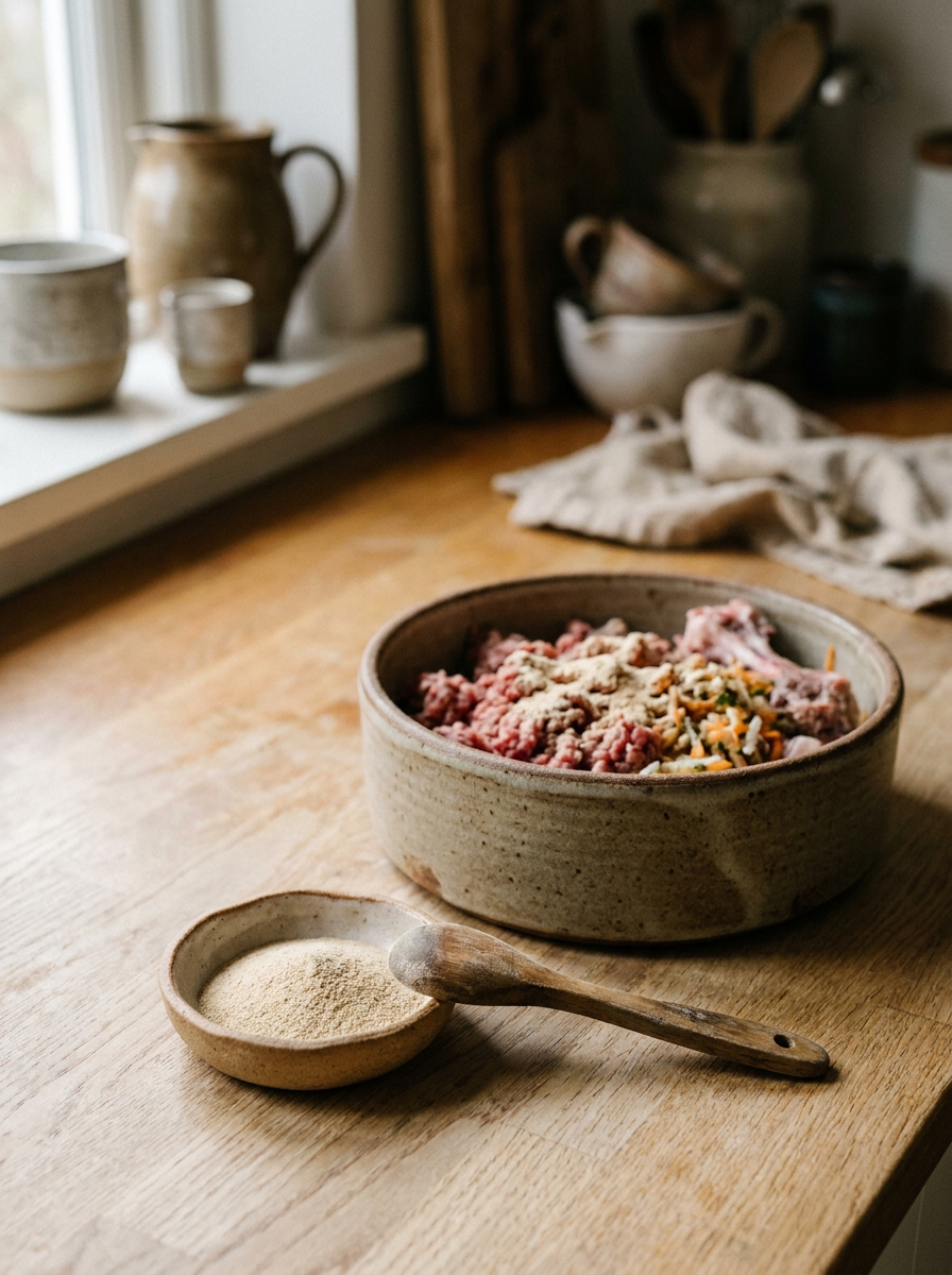 Bierhefe-Pulver neben einer BARF-Mahlzeit