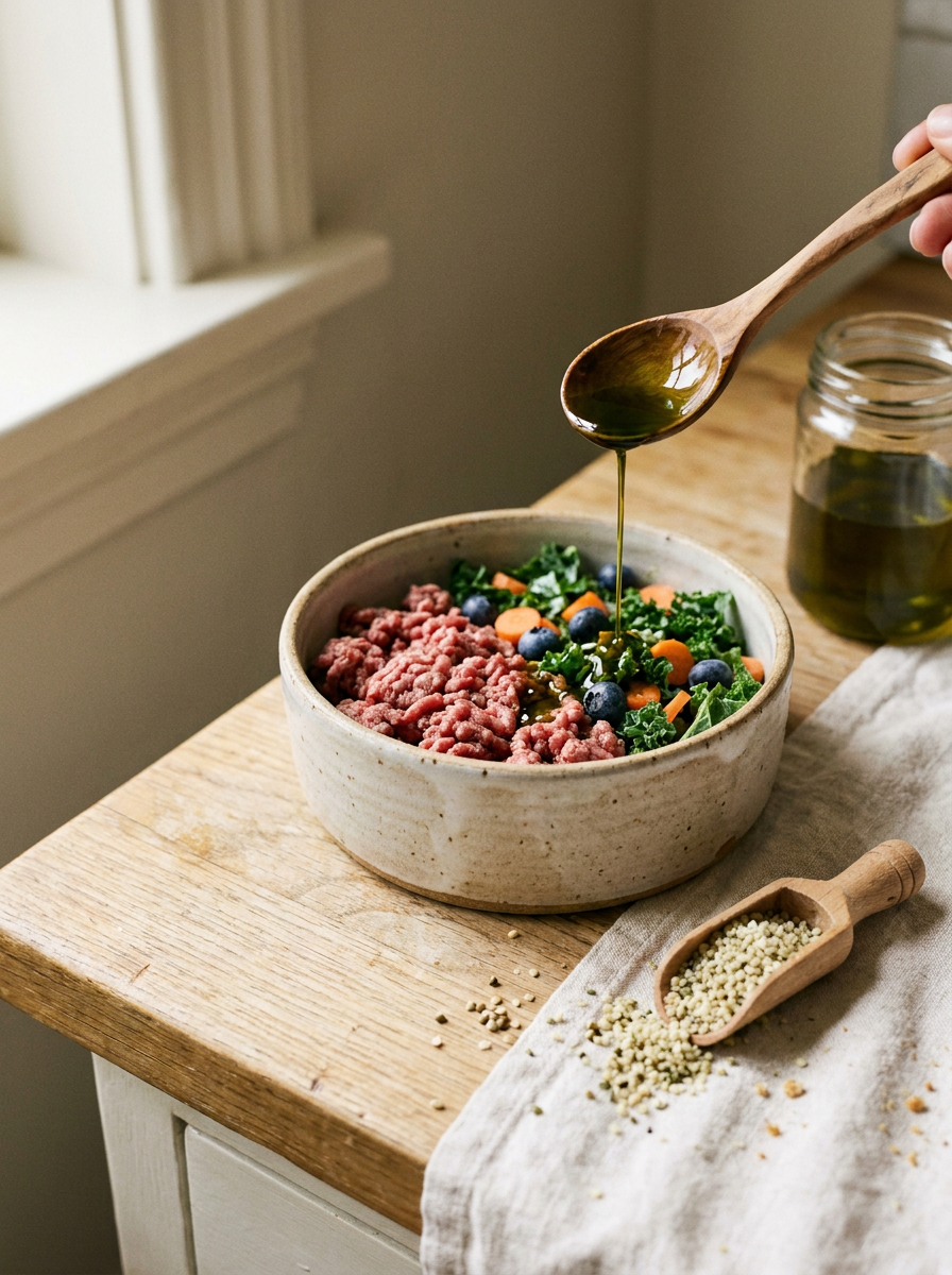 Hanföl wird über eine frische BARF-Mahlzeit gegeben, daneben Hanfsamen