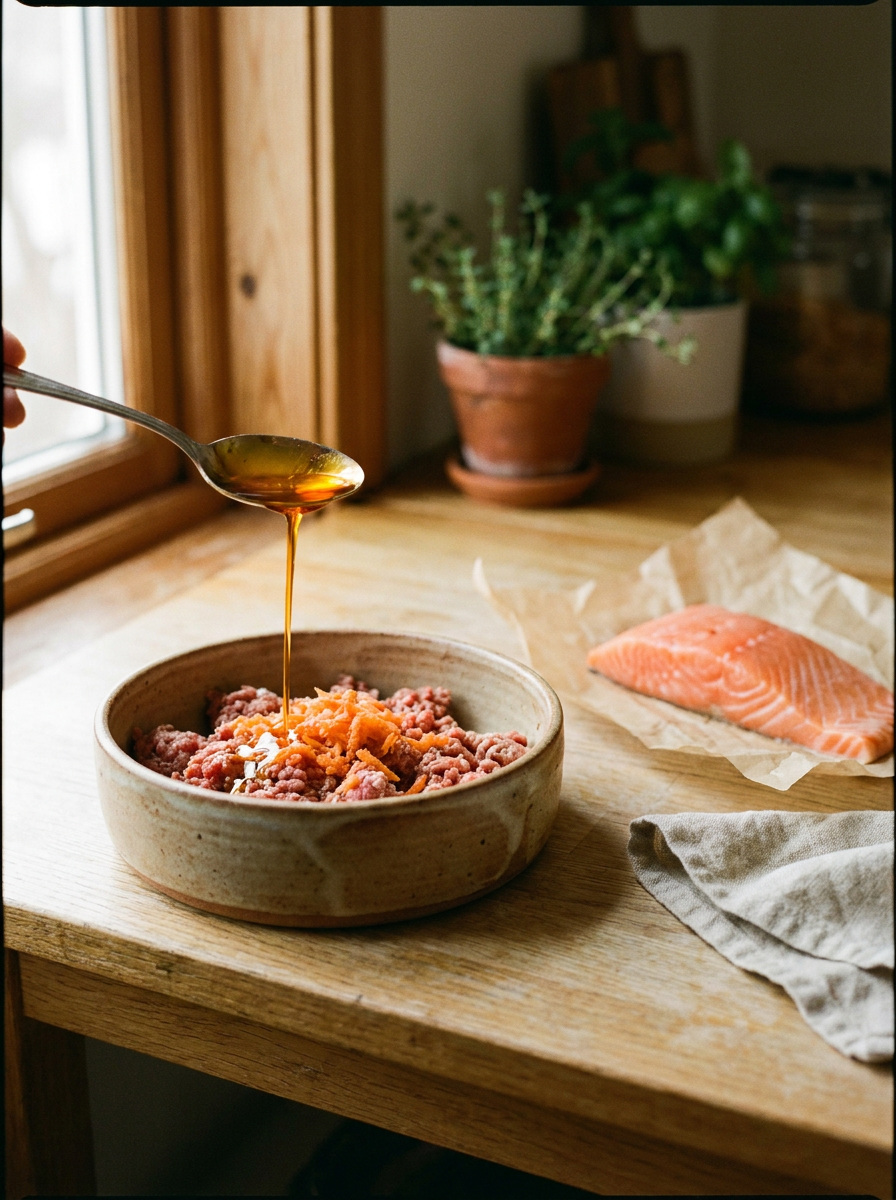 Lachsöl wird über eine frische BARF-Mahlzeit gegeben