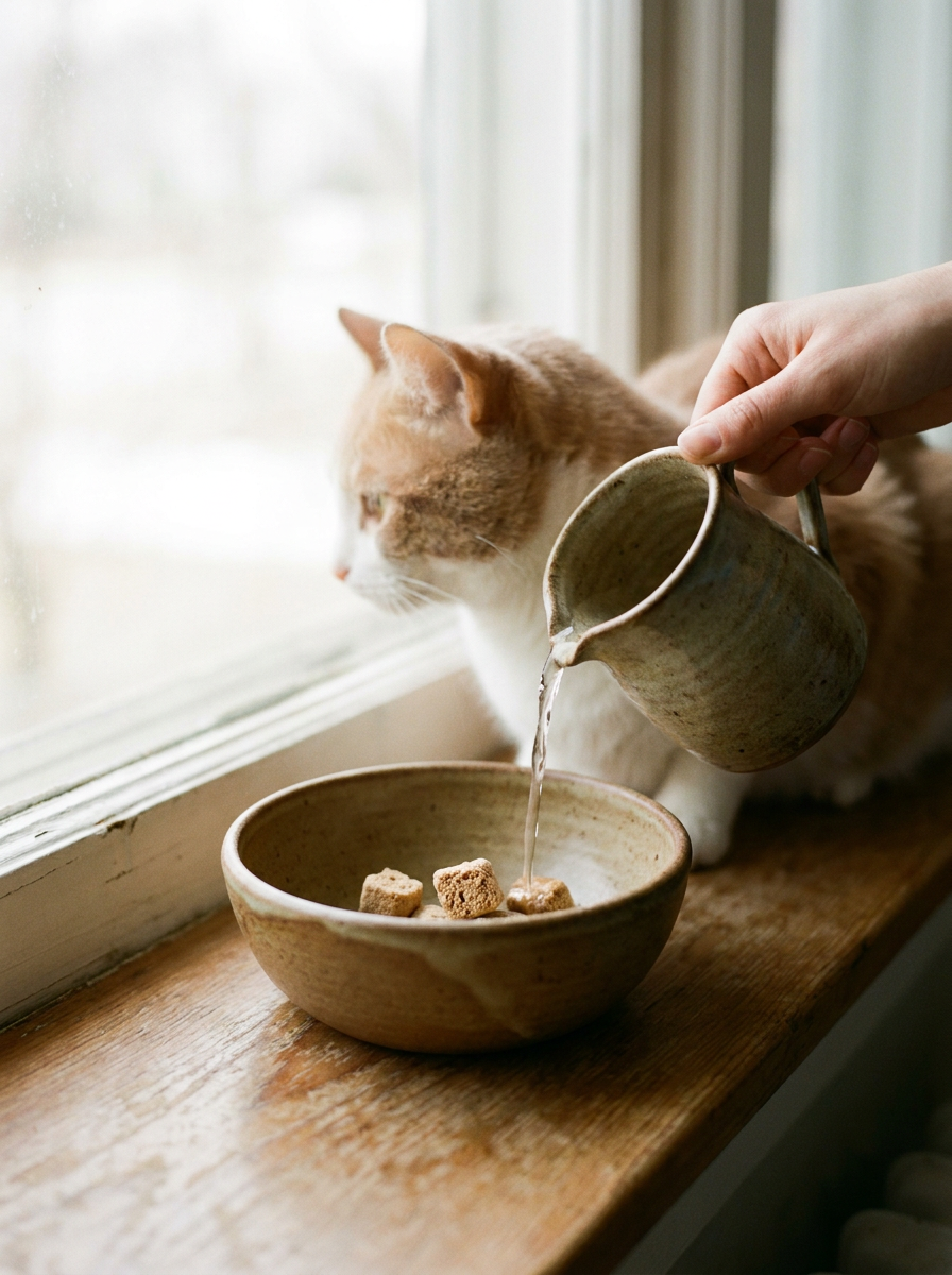 Gefriergetrocknetes Katzenfutter wird mit Wasser eingeweicht, Katze schaut zu