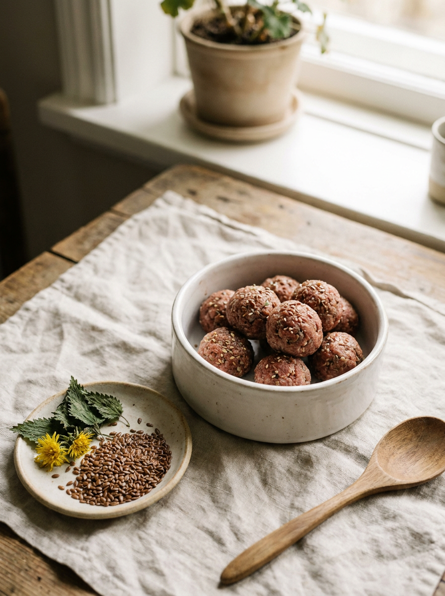 BARF-Fleischbällchen im Napf neben Leinsamen und Kräutern