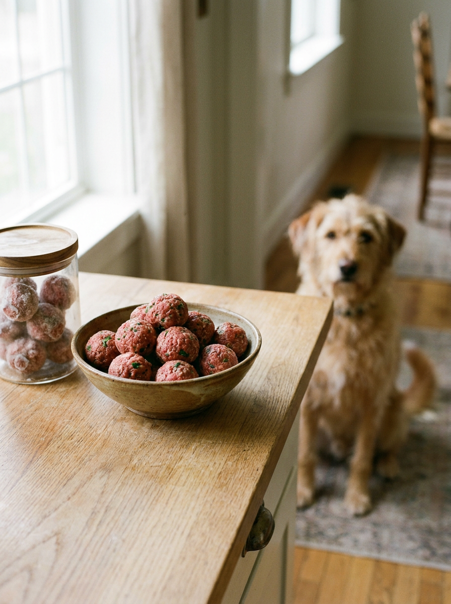 Aufgetaute BARF-Fleischbällchen im Napf, Hund wartet im Hintergrund