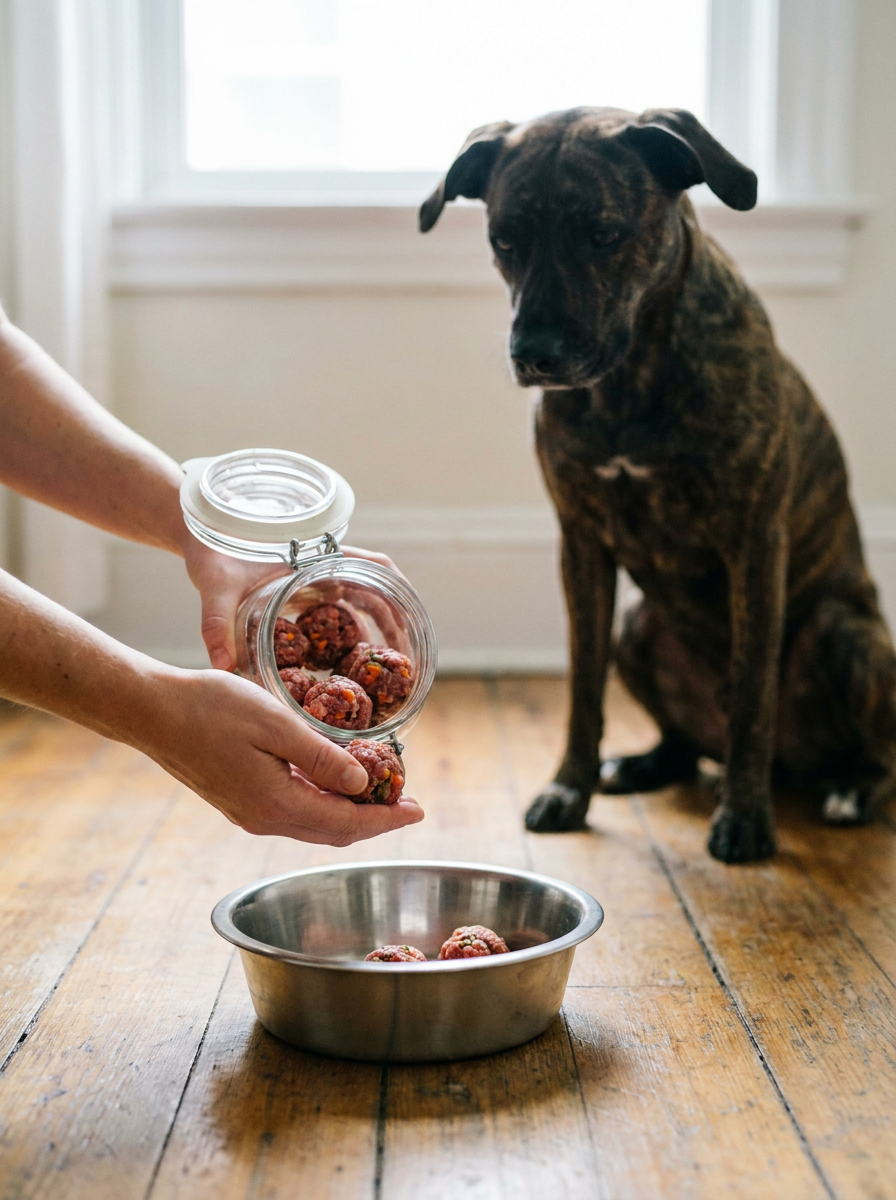 BARF-Fleischbällchen werden in den Napf gegeben, Hund schaut zu