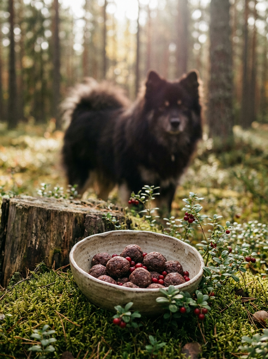 Napf mit BARF-Fleischbällchen und Preiselbeeren im Wald